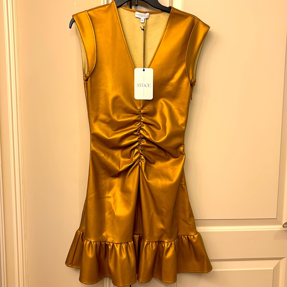 S’edge, born & designed in Atlanta. XS, gold faux leather dress.